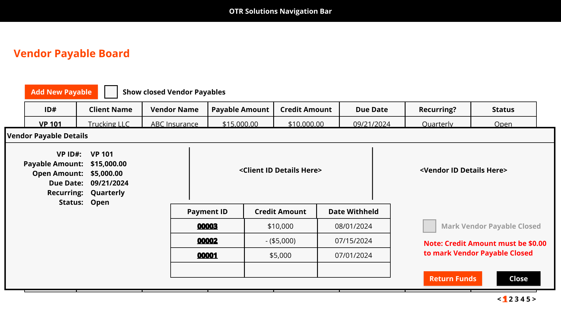 Vendor Payable Board with Modal